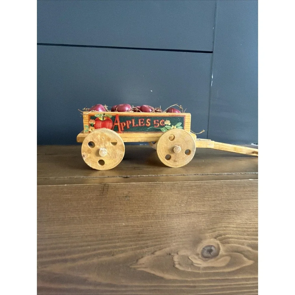 1980s Wooden Apple Wagon Cart Apples 5¢ Farmhouse Kitchen Decor Mini